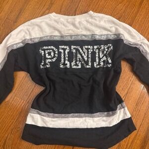 Victorias Secret PINK Long Sleeve Striped Sequin Jersey Shirt Black White Small